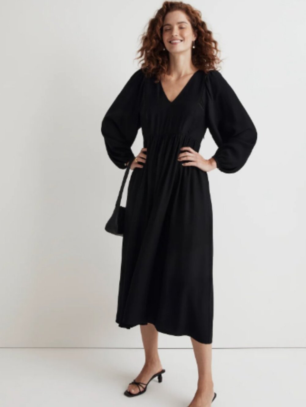 Madewell Black V-Neck Midi Dress with Cutout and Puff Sleeves